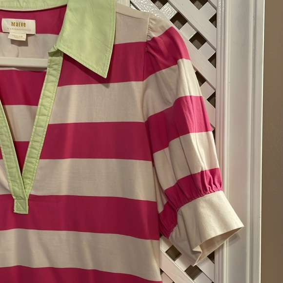 EUC Maeve Anthro puff sleeve pink stripe polo preppy 80s vibe size medium - Picture 4 of 8